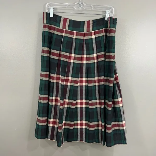Cremieux Plaid Skirt Women 12 Green Burgundy Good Pleated A-Line Knee Length - Image 3
