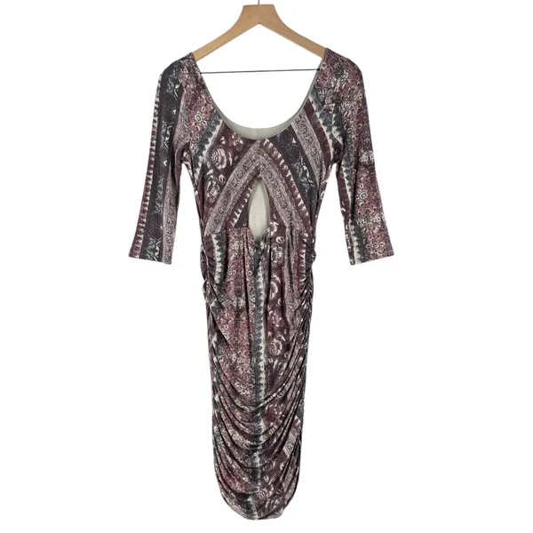 Free People Jasmine Boho Ruched‎ Bodycon Dress Soft Purple Floral Print Keyhole - Image 2