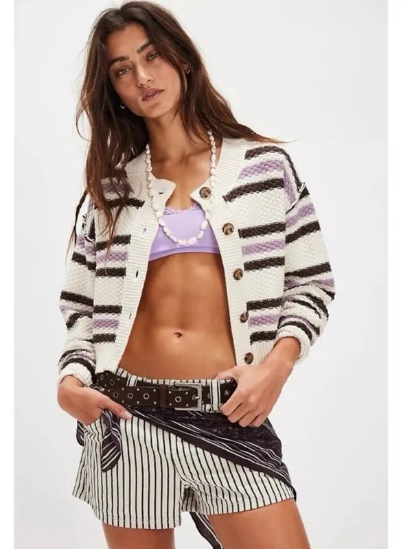 Free People Lila Stripe Cardi Cardigan Sweater in Lavender Ivory Combo Large - Image 2