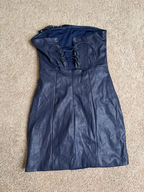 Edikted Navy Blue Faux Leather Mini Dress NWT‎ Size Medium - Image 3