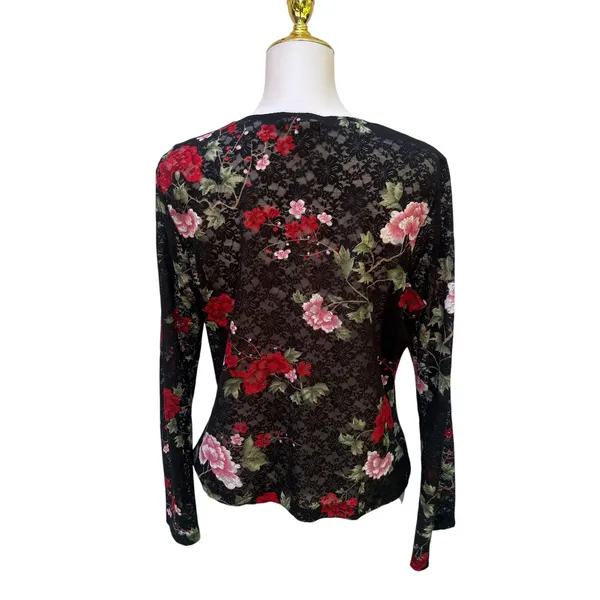 VTG Y2K Fashion Bug Floral Lace Top XL Black‎ Red Bell Sleeve Whimsigoth Vampy - Image 4