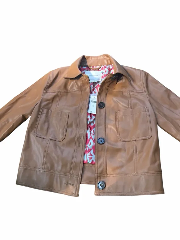 NEW Anthropologie Katy cropped vegan leather button jacket camel brown coat Xs - Image 6