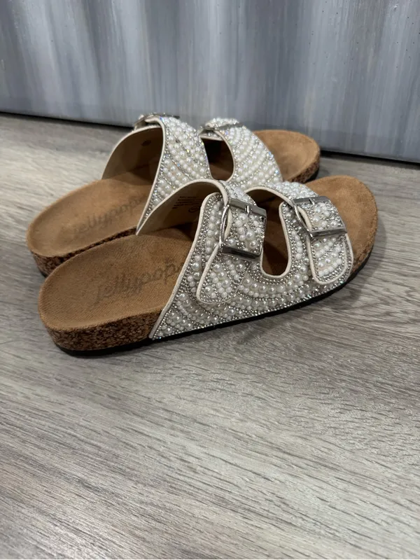 Jellypop Beaded Pearl Dual-Buckle Slide Sandals - White - Image 3