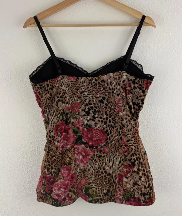 No Boundaries Vintage Y2K Brown Pink Leopard Rose Corset Style Mesh Babydoll Cami Tank Top - Image 6