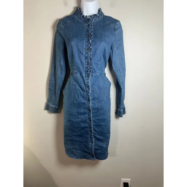Boden Womens Blue Denim Ruffle Neck Button Front‎ Long Sleeve Shirt Dress US 4R - Image 2