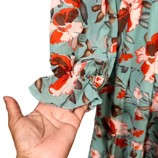 Floral Ruffle V-Neck Maxi Dress Sage Green Boho Tiered Empire Waist Small - Image 4