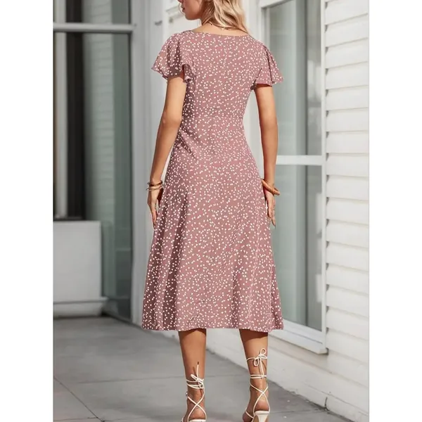 NWT ~ Rose Pink A-Line Midi Dress Button Front Short Flutter Sleeves ~ LARGE - Image 3
