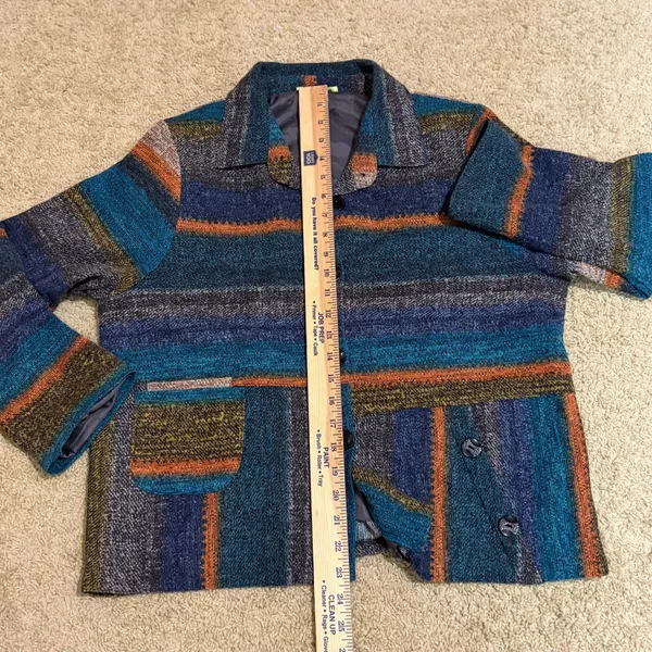 Trisha Tyler Knit Jacket‎ Blue Orange Multi Striped Button Front blazer Funky Size L - Image 8