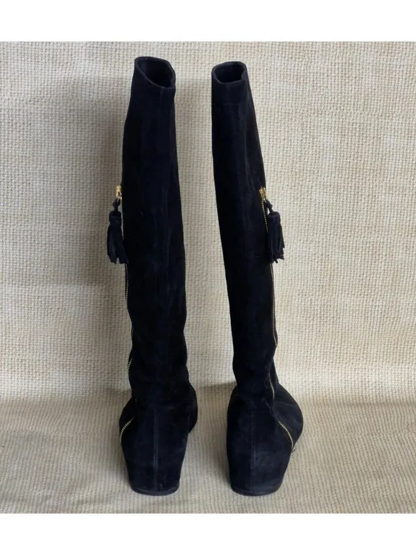 Stuart Weitzman Black Suede Leather Hidden Wedge Tall Tassel Boots Size 9 EUC - Image 4