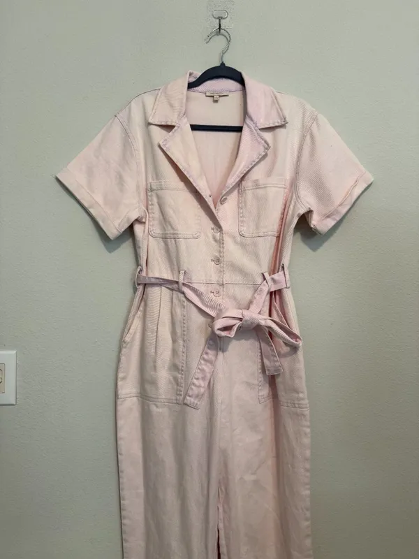 Free People Light Pink Denim Short Sleeve Jumpsuit with Belt - Image 4
