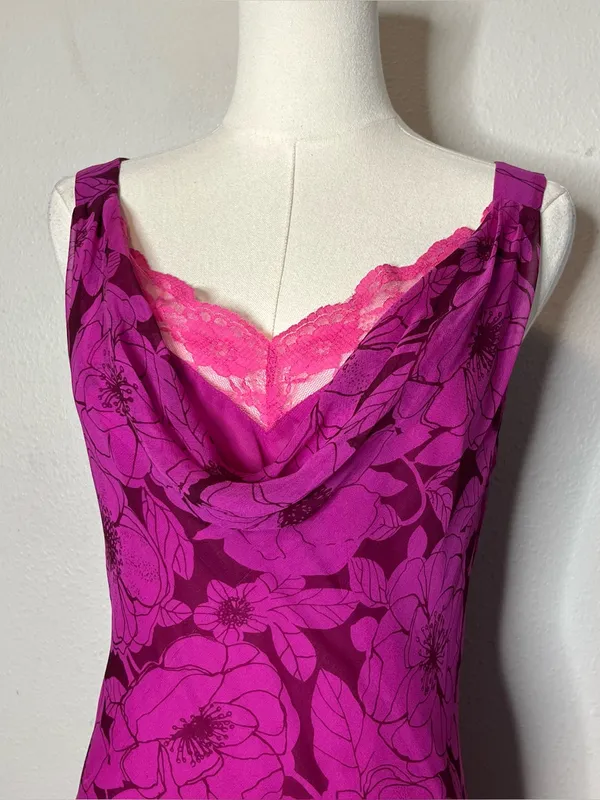 Vintage ICE Magenta Floral Bias Cut Silk Asymmetrical Maxi Dress - Image 3