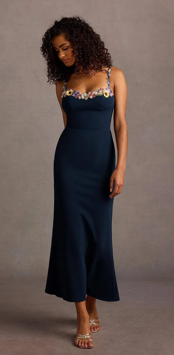Azazie JALISE NAVY AND MULTI FLORAL NECKLINE MAXI DRESS - Image 3