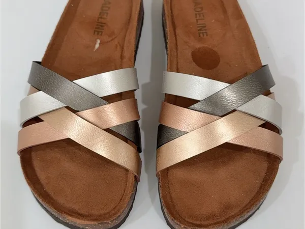 Madeline Metallic Multi-Stripe Slide Sandals in Rose Gold, Silver, and Bronze - Image 2