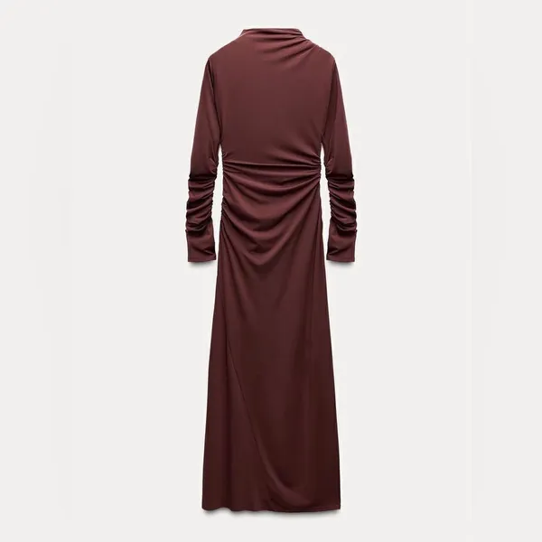 NWT Zara Draped Long Ruched Maxi Dress in Tobacco Brown Size XS - Image 8