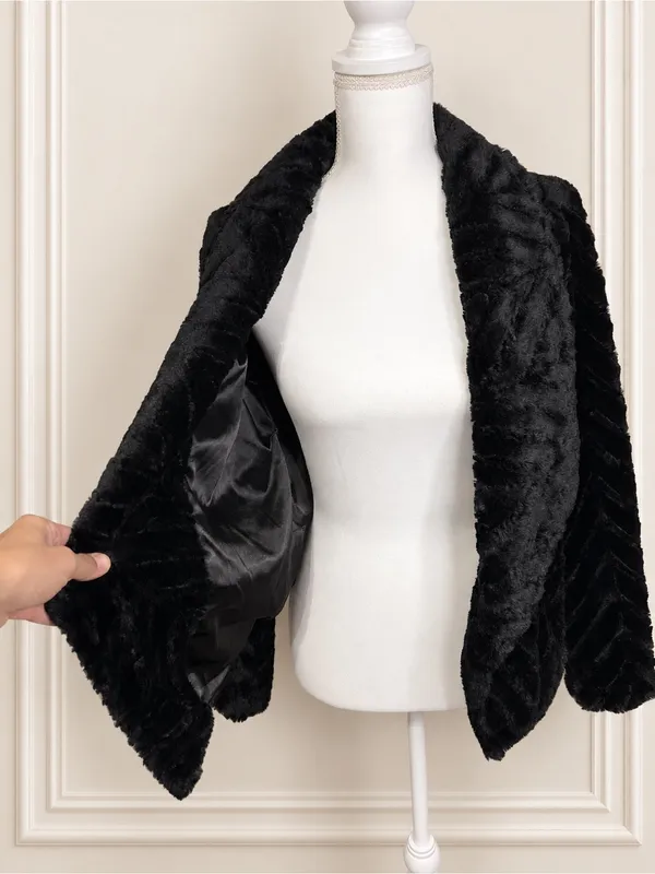 Nina Leonard Black Faux Fur Chevron Bolero Jacket Size M Satin Lined Luxury Glam - Image 6