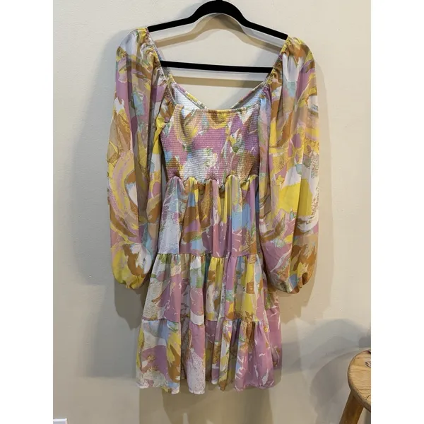 Bohme Colorful Floral Tiered Mini Dress Puff Sleeves Size Small Smocked - Image 3
