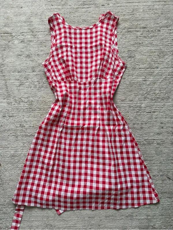 SHEIN Red and White Gingham Sleeveless Mini Dress (Size Small) - Image 3