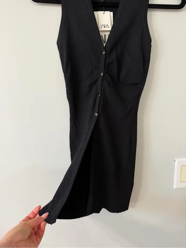 Zara Ribbed Button Front Longline Top Black Size Medium NWT - Image 5
