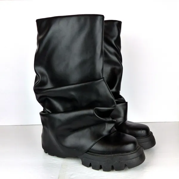 Azalea Wang Mate Boots Womens 11 Black Ruched Mid Calf Lug Sole Moto Y2K Gothic - Image 5