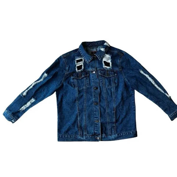 Boom Boom Jeans Distressed Denim Jacket Women’s XL Blue Net Detail - Image 2
