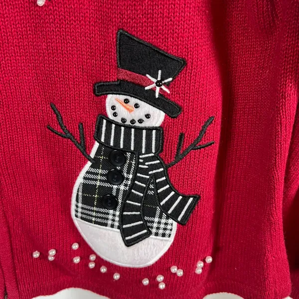 Mandal‎ Bay Red Snowman Christmas Sweater Zip Up Cardigan Beaded Snowflake XL - Image 4