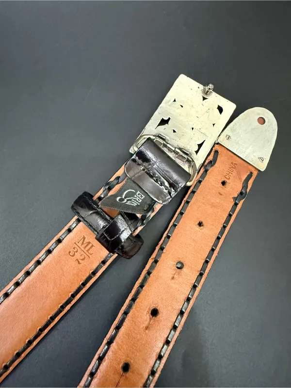 Vintage BRIGHTON 97033 Black Embossed Croc Leather Floral Buckle Belt Size ML 32 - Image 7