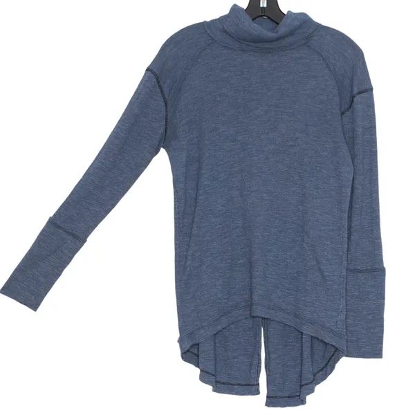 We The Free People Womens Top Turtleneck Split Back Raw Edge Blue Size Small FO - Image 6