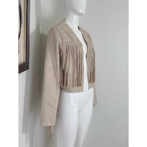 Women’s Boho Western Fringe Faux Suede Jacket Beige Festival Cowgirl Size L - Image 3