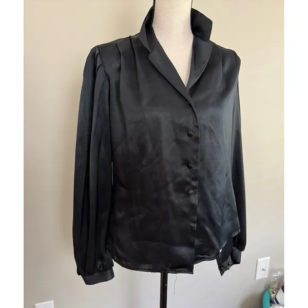 Vintage black satin long-sleeve button-up blouse with a fold-over collar size sm - Image 3
