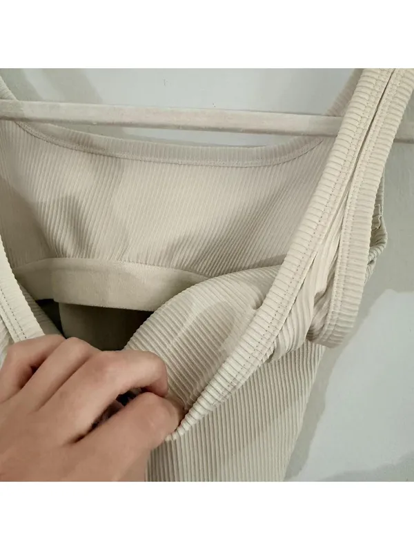 Cream Ribbed Cropped Tank with Build in Bra - Image 2