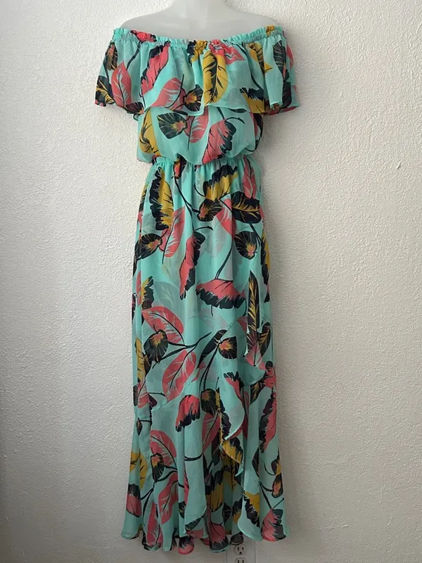 Express Size S Off-Shoulder Aqua Tropical Floral Maxi Dress - Image 2