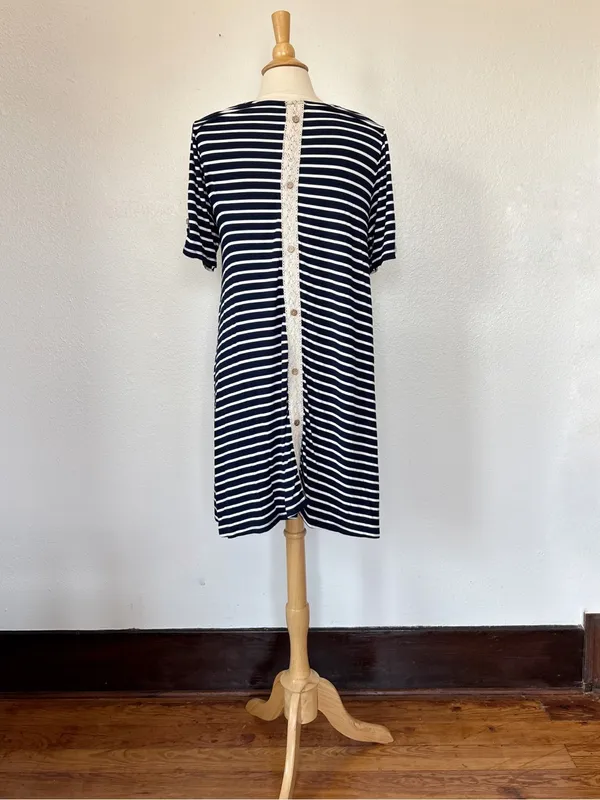 Exist Navy Blue & White Short Sleeve Striped Crochet Accent Button Back T-Shirt Dress - Image 6