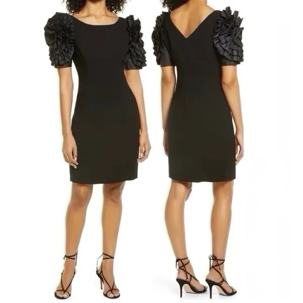 Shani Dramatic Rosette Sleeve Crepe Sheath Cocktail Dress Black - Image 8