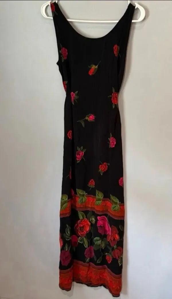 Vintage Nina Piccalino Size 6 Black Rose Floral Rayon Maxi Dress Slits Made in U - Image 8