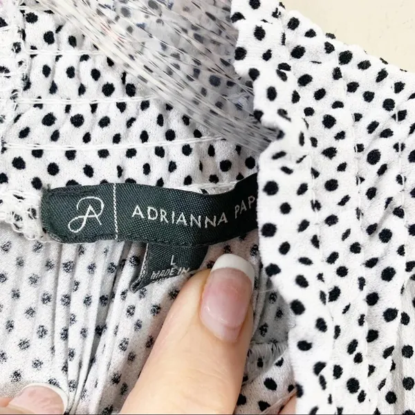Adrianna Papell Accordion Pleats Sleeveless Smock Neck White/Black Polka Dot Top - Image 3