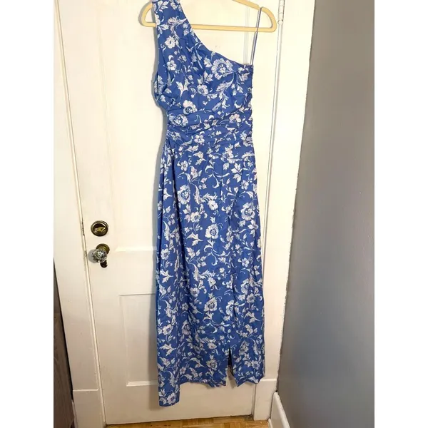 Abercrombie and Fitch Blue and White Floral One-Shoulder Cutout Maxi Dress - Image 3