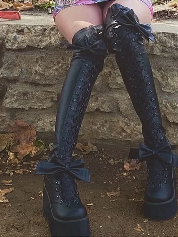 Demonia Kera 303 Black Over-The-Knee Lace-Up Platform Boots with Bows - Image 2