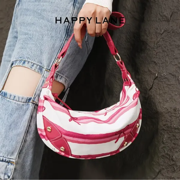 Pink Stripe Coquette Crescent Hobo Shoulder Bag Scarf Print NIP - Image 12