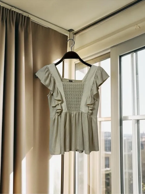 gimmicks by BKE Cream Ruffle Crochet Peplum Top - Image 2
