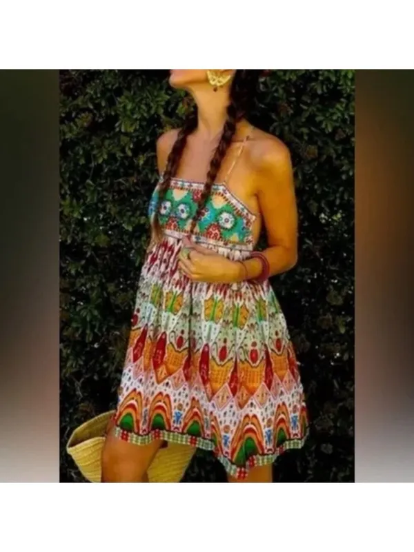 ZARA Chiffon Printed Strappy Embroidered Dress Open Back Sequins multicolor XS - Image 2