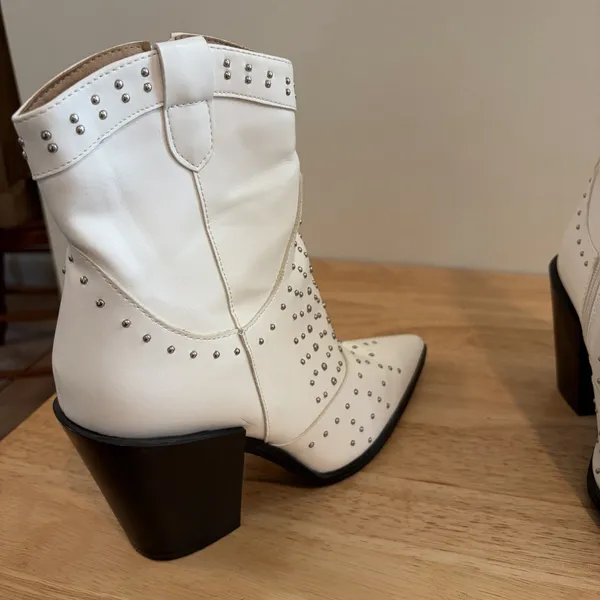 Truffle Collection Cowboy White Studded Ankle Heel Boots Pointed Toe 7.5 Western - Image 4