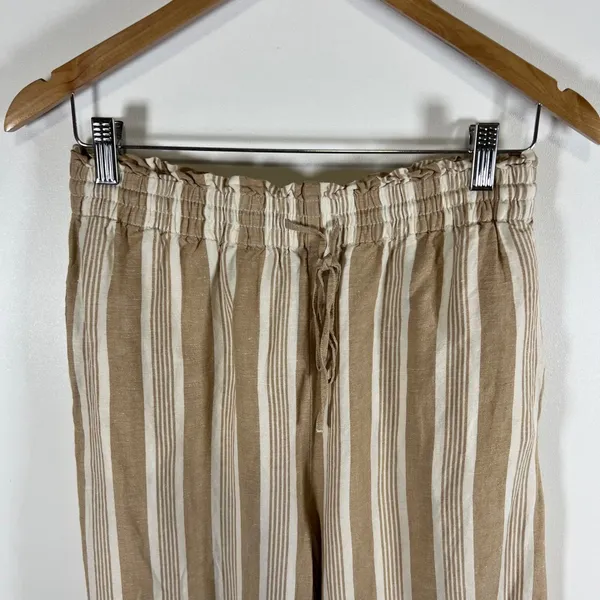 Madewell Striped Wide Leg Paperbag Waist Pants‎ Tan White Drawstring Womens M - Image 2