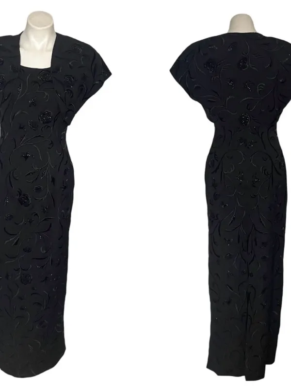 CARMEN MARC VALVO Black Beaded Evening Gown & Bolero Jacket Size 6 - Image 9