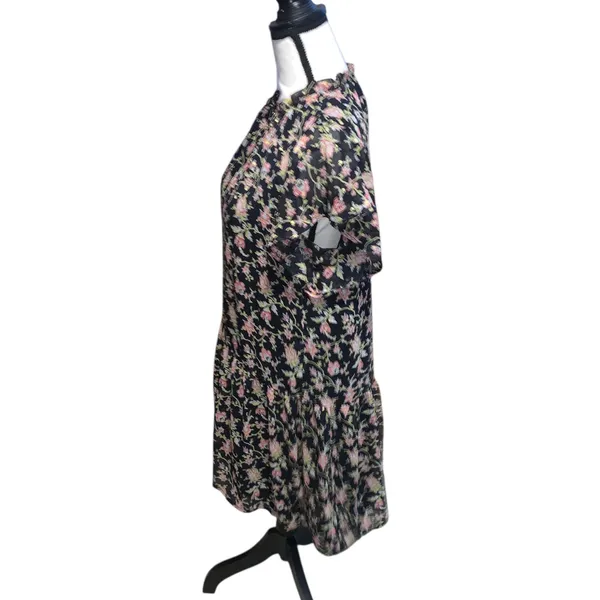 LOFT Dress Black Floral Drop Waist Ruffle Neck Gold Embroidered Polka Dot - Image 5