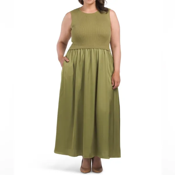 NWT Taylor Mix Media Ribbed Bodice Crew Neck Satin Skirt Pocket Medium - Image 7
