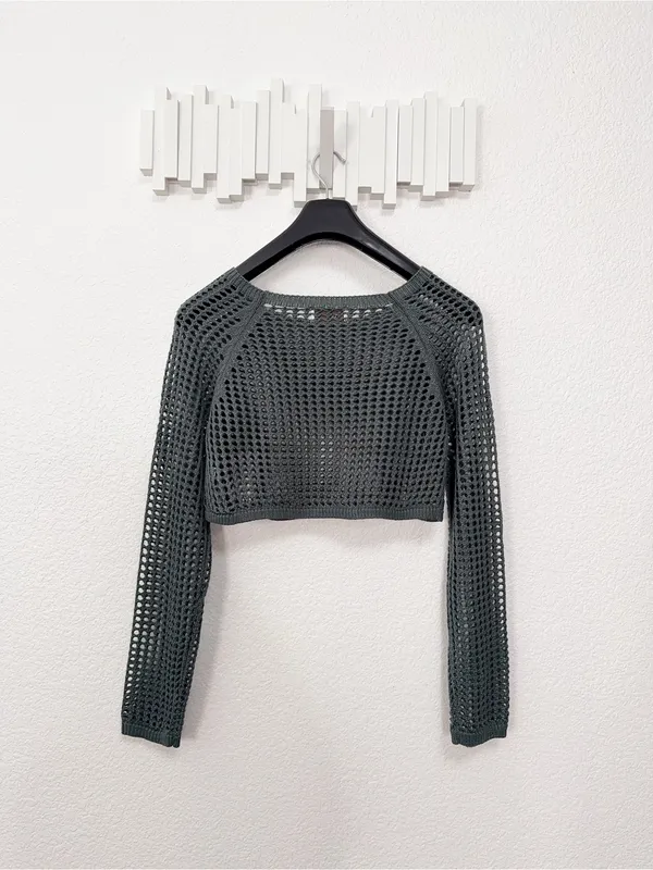 Zenana Ash Jade Crochet Open Knit Cropped Sweater Top Long Sleeve Boho Sheer - Image 8