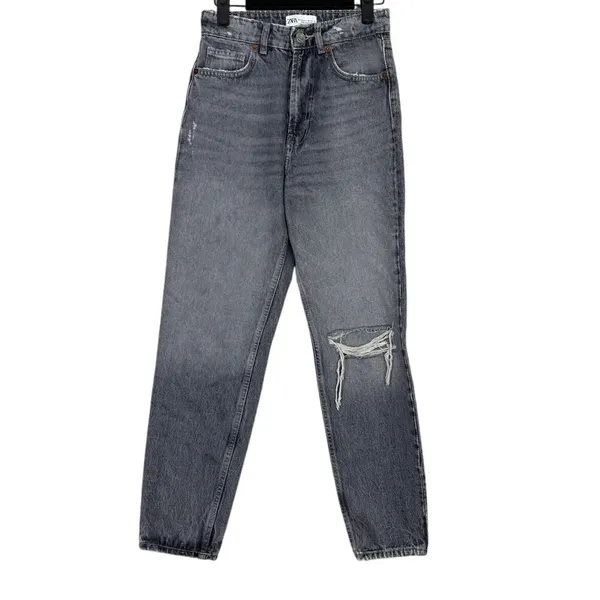ZARA Wide Leg High Rise Vintage DInspired istressed Cropped Jeans 2 Rinsed Black - Image 14