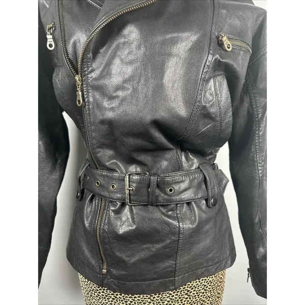 Boutique Europa Womens Leather Jacket Coat Black Moto‎ Biker Zip Belt 90s - Image 2