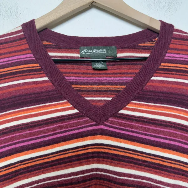 Eddie Bauer Women Cotton Cashmere Sweater Medium Burgundy Striped Retro‎ Indie - Image 4