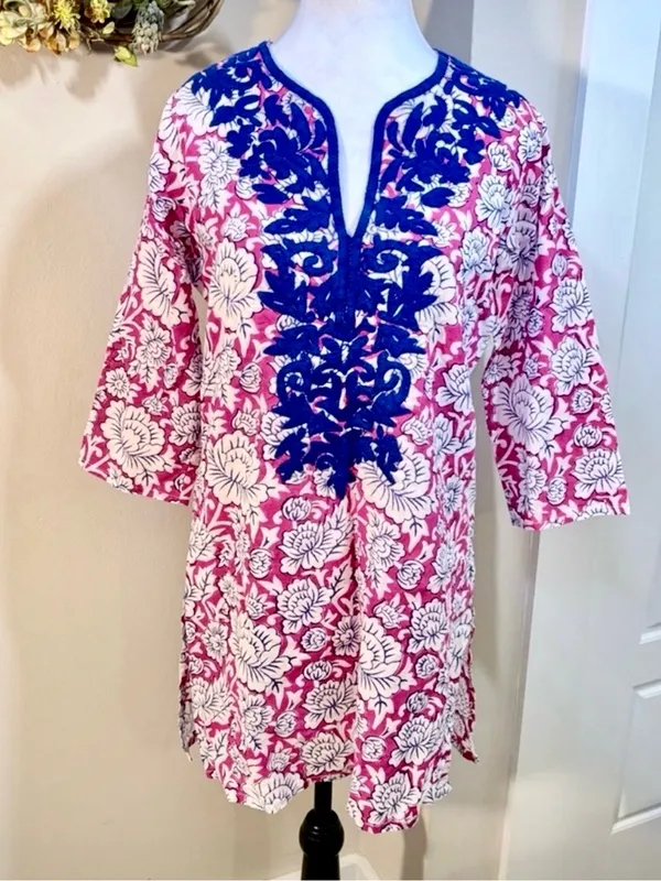 💥Roller Rabbit Pink Floral Embroidered Cotton Tunic Cover Up Top XS💛 - Image 3